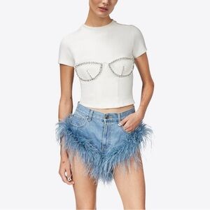 Area Women’s Frayed Denim Blue Feather Trim Hot Shorts Size 31